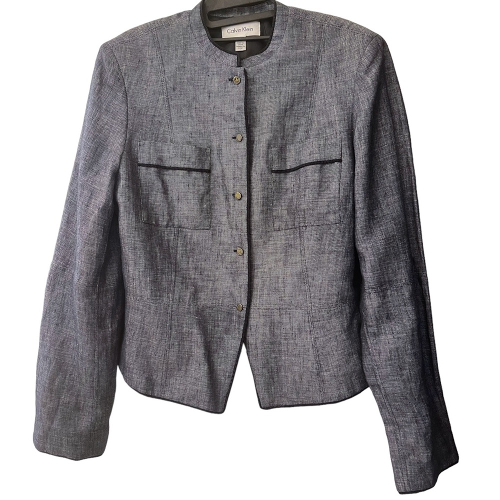 Calvin Klein Women Blue Mock Neck 5 Buttons Cropped Blazer size 12